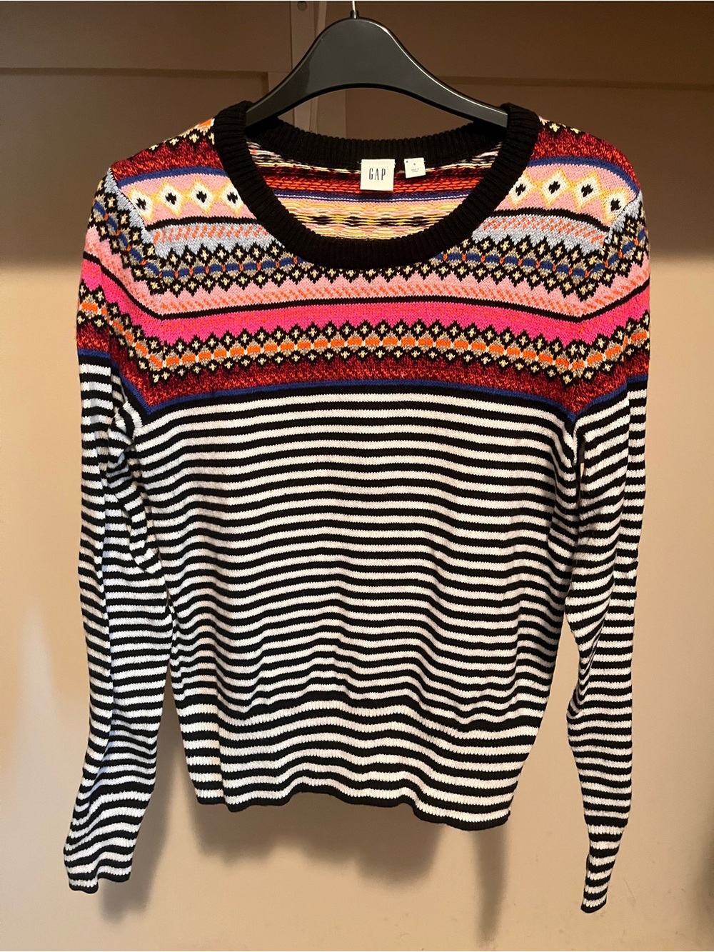 GAP Black & White Striped Sweater with Multicolor Fair Isle Yoke